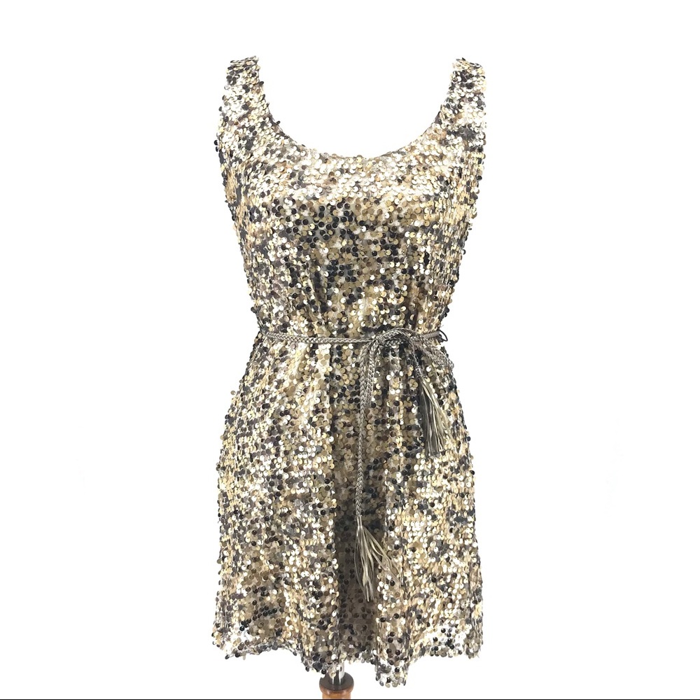 BKE Gold Sequin Sleeveless Belted Mini Dress